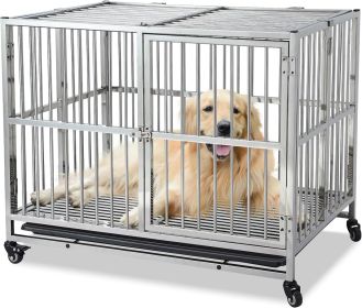 Large Dog Crate, High Anxiety Indestructible Stainless Steel Dog Kennel with Lockable Wheels, Double Door and Sturdy Locks